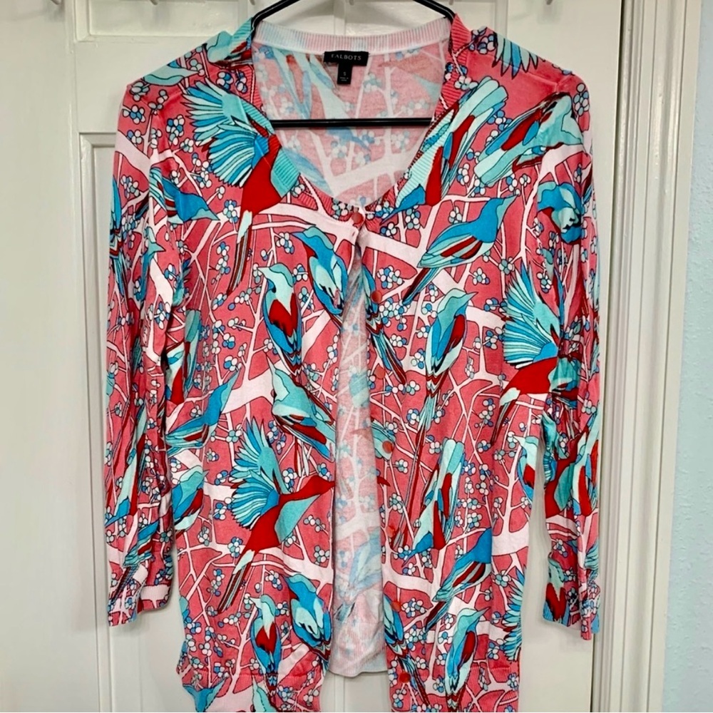 Talbots Pink and Blue Bird Print Cardigan